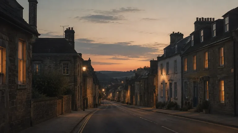 A quiet ordinary high street at dusk, a few warm lights coming on in the windows as the last daylight fades from the sky.