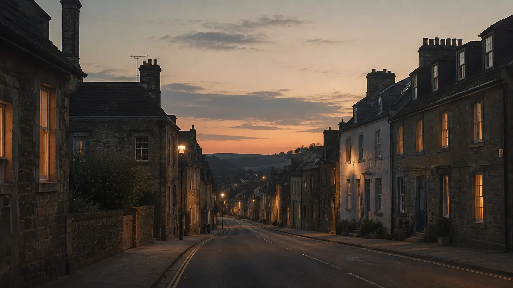 A quiet ordinary high street at dusk, a few warm lights coming on in the windows as the last daylight fades from the sky.