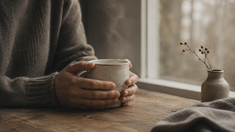 woman with hands around a coffee cup