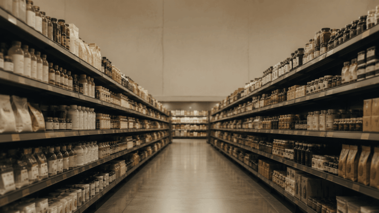 Long supermarket aisle lined with many product brands, illustrating the illusion of choice in modern markets