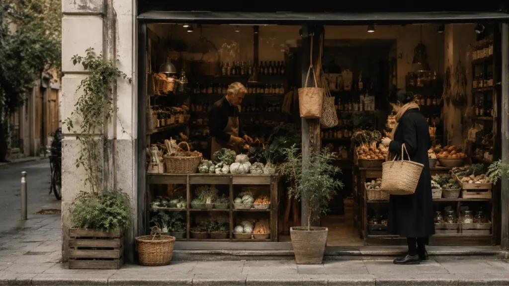 A small independent shopfront on a city street, representing the private enterprise side of a mixed economy.