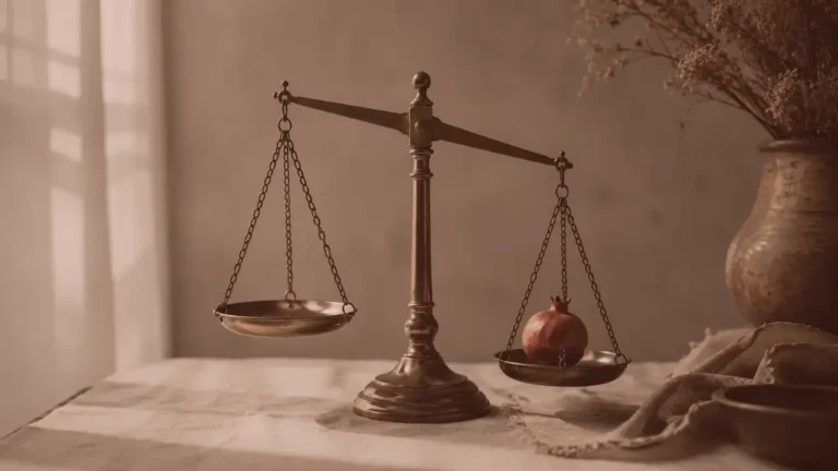A brass balance scale resting on a warm ivory surface, representing the balance between markets and government in a mixed economy.