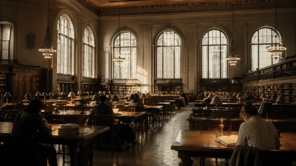 A quiet public library reading room in warm afternoon light, representing the shared services a mixed economy funds through government.
