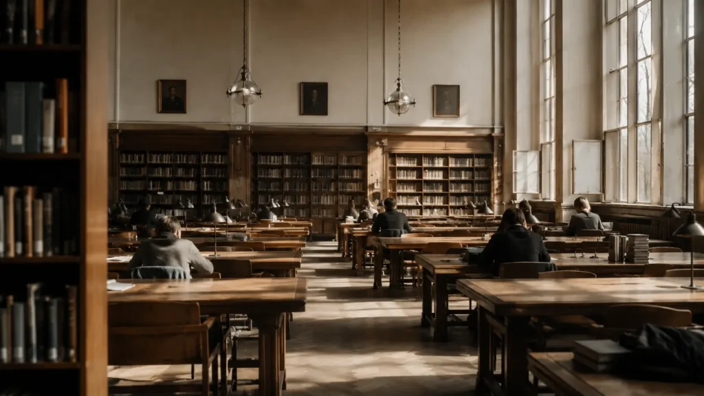 An airy public library reading room with long wooden tables, tall shelves and warm daylight, standing in for shared public services.