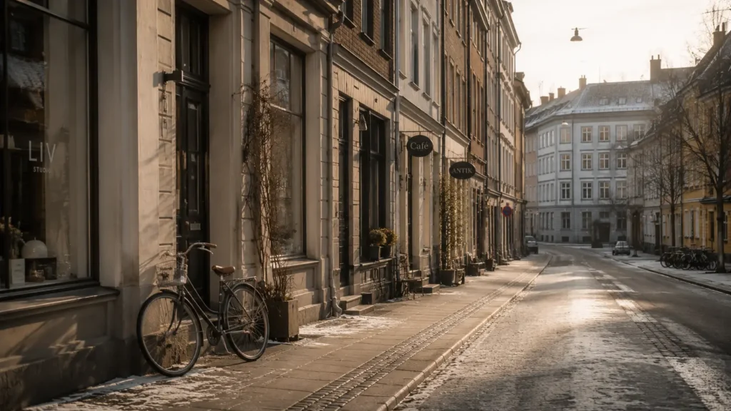 A tidy northern European city street in soft winter light, with modest shopfronts and apartments and no crowds.